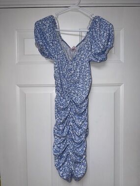 Pink Lily Blue Floral Ruched Puff Sleeve Dress